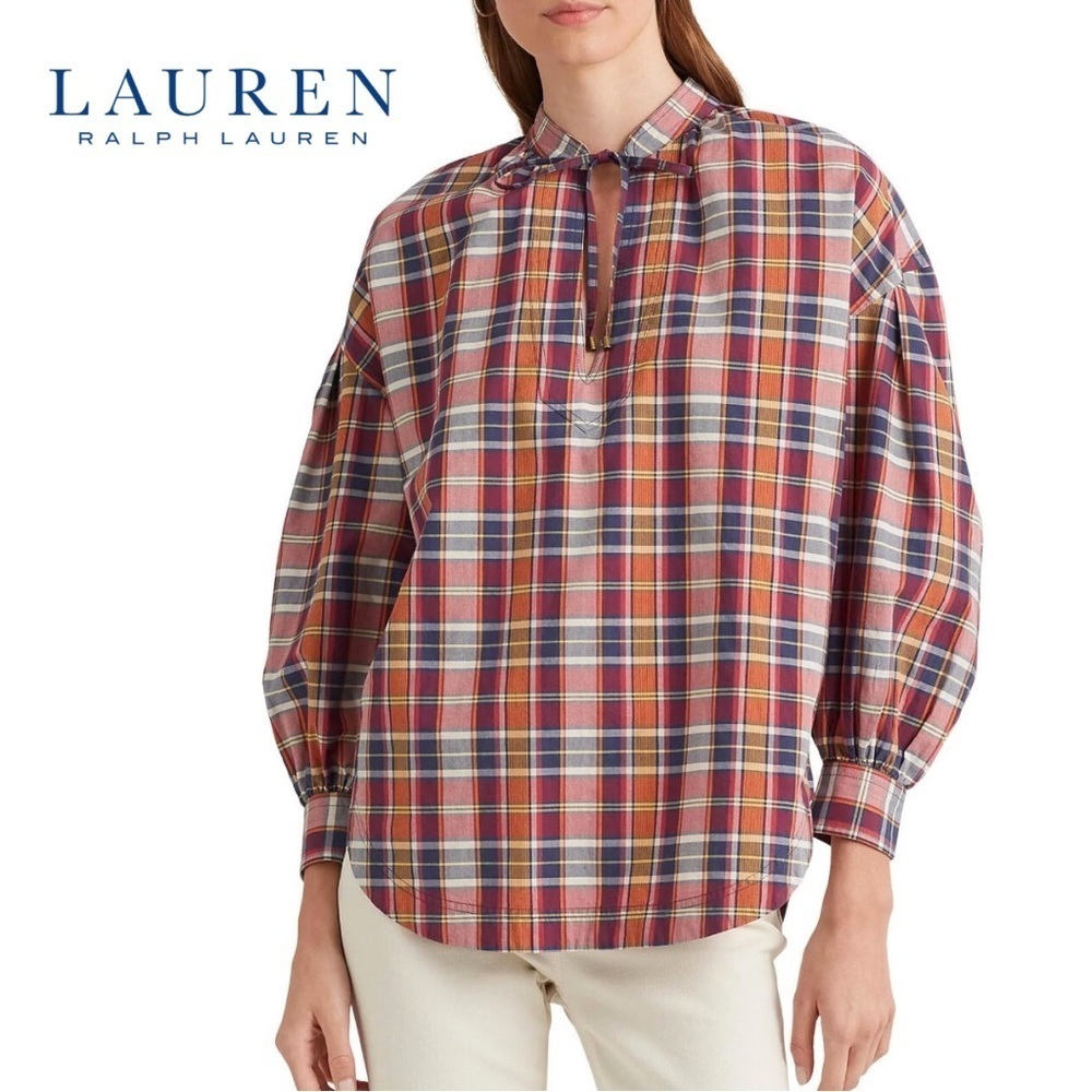 Lauren Ralph Lauren Tie Neck Plaid Blouse